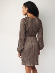 Brown Long Sleeve Crinkle Satin Mini Dress - Image 2 of 6