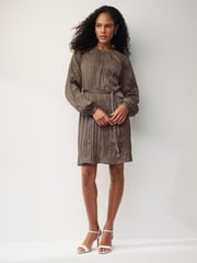 Brown Long Sleeve Crinkle Satin Mini Dress - Image 3 of 6
