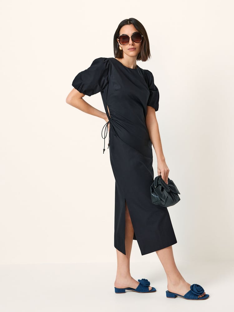 Black Ruched Side Puff Sleeve Midi Dress - Image 1 of 6