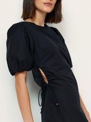 Black Ruched Side Puff Sleeve Midi Dress - Image 4 of 6