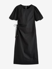 Black Ruched Side Puff Sleeve Midi Dress - Image 5 of 6