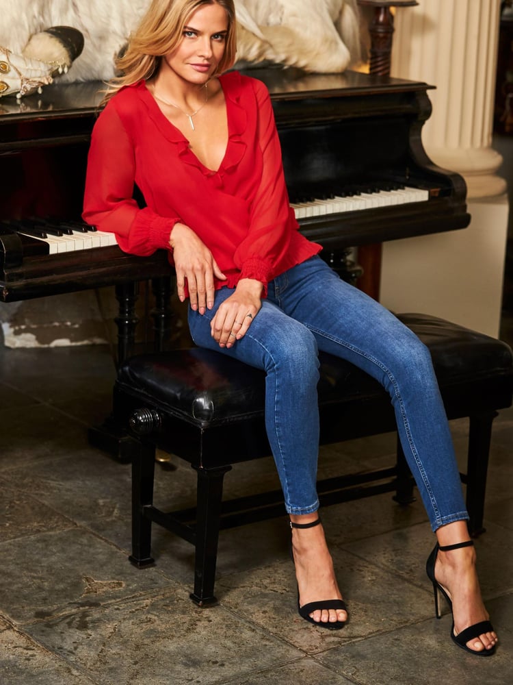 Red Geometric Print Sheer Sleeve Bardot Top - Image 2 of 5