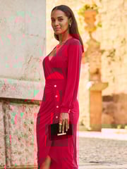 Sosandar Red Wrap Balloon Sleeve Dress - Image 4 of 5