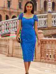 Sosandar Blue Guipure Lace Puff Sleeve Pencil Dress - Image 3 of 4