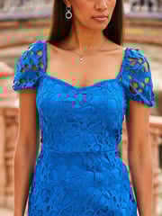 Sosandar Blue Guipure Lace Puff Sleeve Pencil Dress - Image 4 of 4