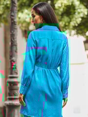 Sosandar Blue Satin Jaquard Wrap Dress - Image 2 of 5
