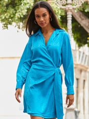 Sosandar Blue Satin Jaquard Wrap Dress - Image 4 of 5