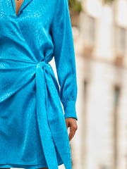 Sosandar Blue Satin Jaquard Wrap Dress - Image 5 of 5