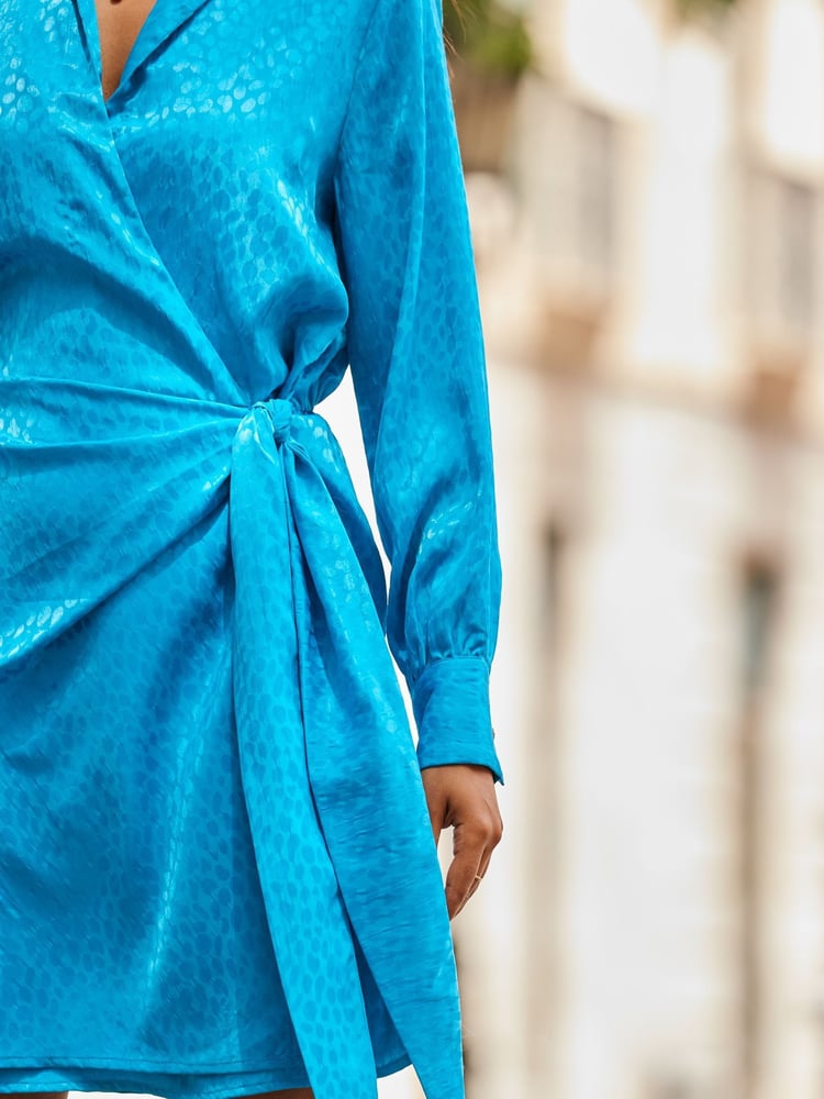 Sosandar Blue Satin Jaquard Wrap Dress - Image 5 of 5
