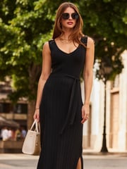 Sosandar Black Ribbed Button Shoulder Detail Knit Dress - Image 4 of 5