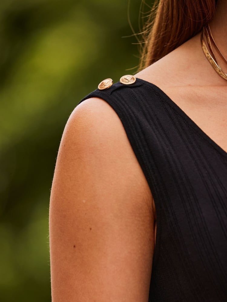 Sosandar Black Ribbed Button Shoulder Detail Knit Dress - Image 5 of 5