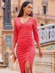 Sosandar Red Lace V-Neck Split Hem Midi Dress - Image 1 of 5