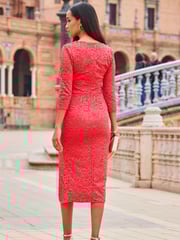 Sosandar Red Lace V-Neck Split Hem Midi Dress - Image 2 of 5