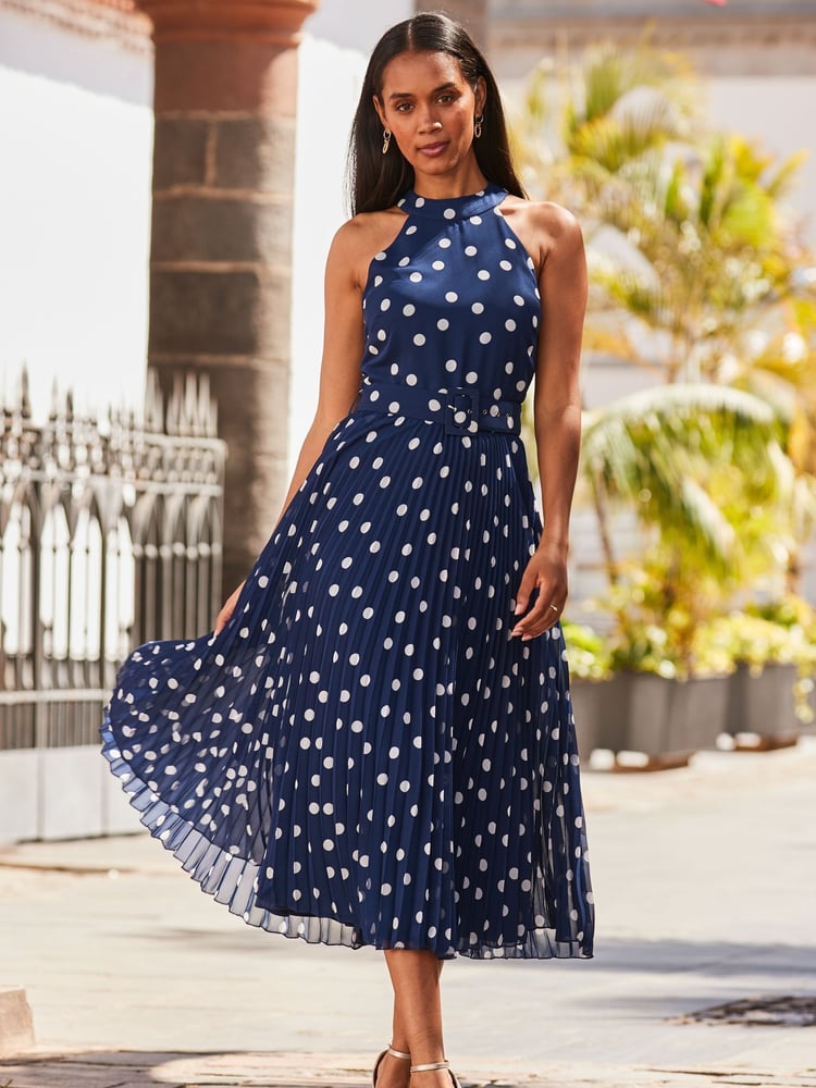 Sosandar Blue Halter Neck Pleated Skirt Dress - Image 1 of 5