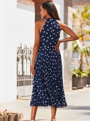 Sosandar Blue Halter Neck Pleated Skirt Dress - Image 2 of 5