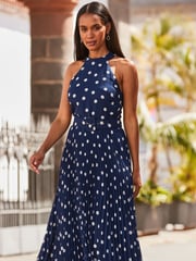 Sosandar Blue Halter Neck Pleated Skirt Dress - Image 4 of 5