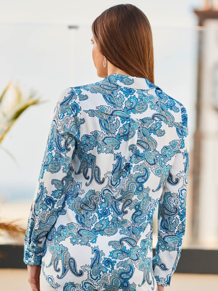 Sosandar Blue Conversational Satin Scarf Print Shirt - Image 2 of 5