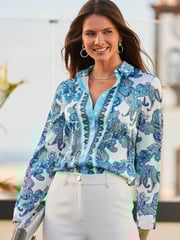 Sosandar Blue Conversational Satin Scarf Print Shirt - Image 4 of 5