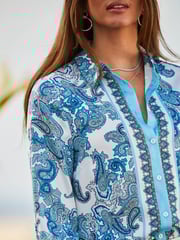 Sosandar Blue Conversational Satin Scarf Print Shirt - Image 5 of 5