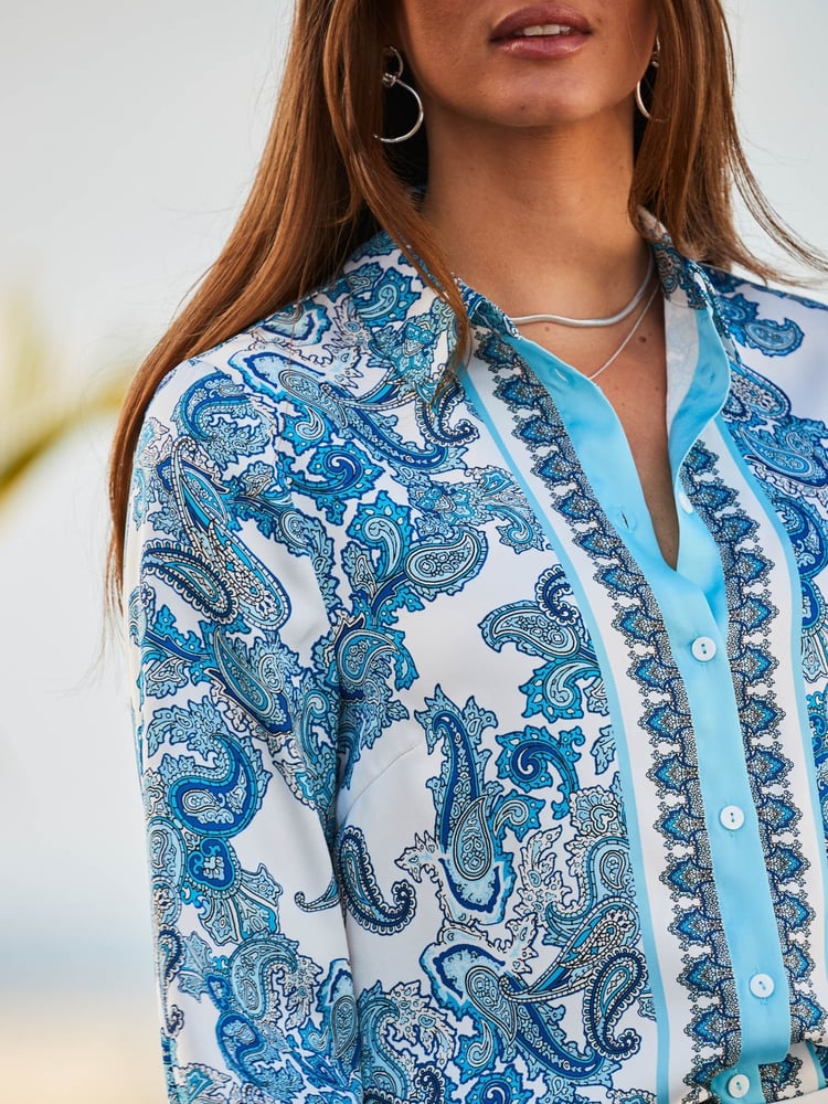 Sosandar Blue Conversational Satin Scarf Print Shirt - Image 5 of 5