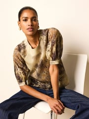 Khaki/ Brown Scenic Print Sheer Puff Sleeve Blouse - Image 1 of 7