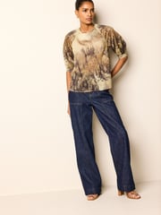 Khaki/ Brown Scenic Print Sheer Puff Sleeve Blouse - Image 2 of 7