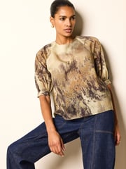 Khaki/ Brown Scenic Print Sheer Puff Sleeve Blouse - Image 3 of 7