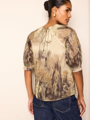 Khaki/ Brown Scenic Print Sheer Puff Sleeve Blouse - Image 4 of 7