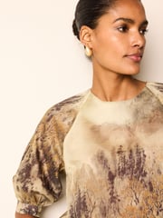 Khaki/ Brown Scenic Print Sheer Puff Sleeve Blouse - Image 5 of 7