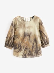 Khaki/ Brown Scenic Print Sheer Puff Sleeve Blouse - Image 6 of 7