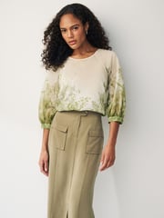 Ecru/ Green Floral Print Sheer Puff Sleeve Blouse - Image 1 of 6