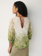 Ecru/ Green Floral Print Sheer Puff Sleeve Blouse - Image 2 of 6