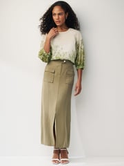 Ecru/ Green Floral Print Sheer Puff Sleeve Blouse - Image 3 of 6