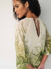 Ecru/ Green Floral Print Sheer Puff Sleeve Blouse - Image 4 of 6
