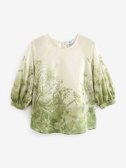 Ecru/ Green Floral Print Sheer Puff Sleeve Blouse - Image 5 of 6