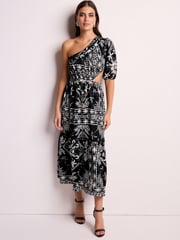 Black/White One Shoulder Cut Out Midi Dress - Image 1 of 6