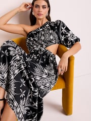 Black/White One Shoulder Cut Out Midi Dress - Image 2 of 6