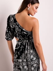 Black/White One Shoulder Cut Out Midi Dress - Image 3 of 6