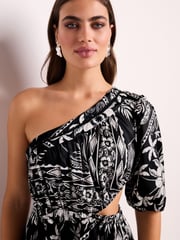 Black/White One Shoulder Cut Out Midi Dress - Image 4 of 6