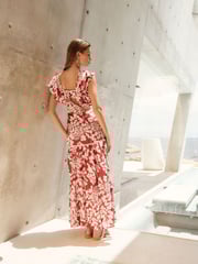 Red/White Sleeveless Ruffle Lace Insert Maxi Dress - Image 3 of 6