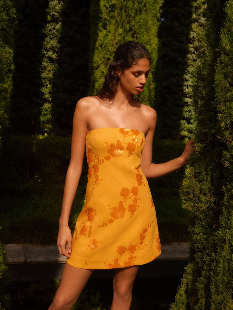 Orange Linen Blend Sequin Bandeau Mini Dress - Image 1 of 6