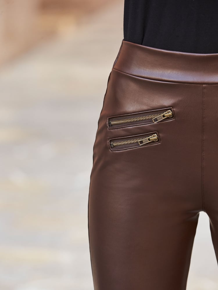 Sosandar Brown/Cream Tall Leather Look Premium Leggings - Image 5 of 5