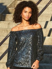 Sosandar Grey Sequin Bardot Long Sleeve Top - Image 4 of 5