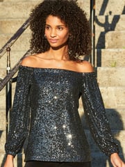 Sosandar Grey Sequin Bardot Long Sleeve Top - Image 5 of 5