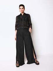 Black Linen Blend Wrap Wide Trousers - Image 2 of 5