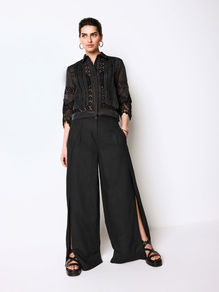 Black Linen Blend Wrap Wide Trousers - Image 2 of 5