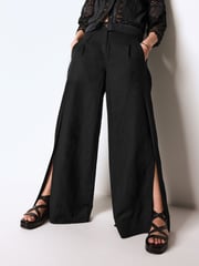 Black Linen Blend Wrap Wide Trousers - Image 3 of 5