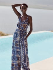 Blue Geometric Print V-Neck Belted Summer Wide Leg Jumpsuit - Image 1 of 6