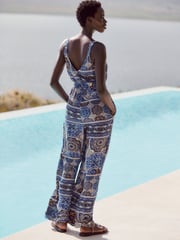 Blue Geometric Print V-Neck Belted Summer Wide Leg Jumpsuit - Image 3 of 6