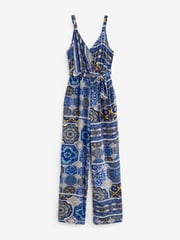 Blue Geometric Print V-Neck Belted Summer Wide Leg Jumpsuit - Image 5 of 6